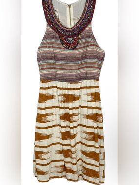 Lucky Brand Grecian Beaded Collar Ikat weave Cotton knit dress M